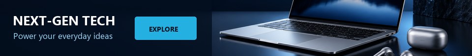 Demo advertisement featuring a laptop and wireless earbuds