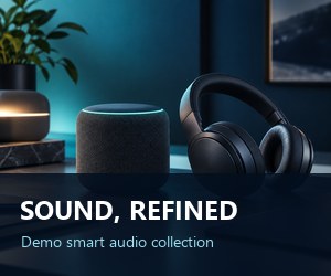 Demo advertisement featuring headphones and a smart speaker