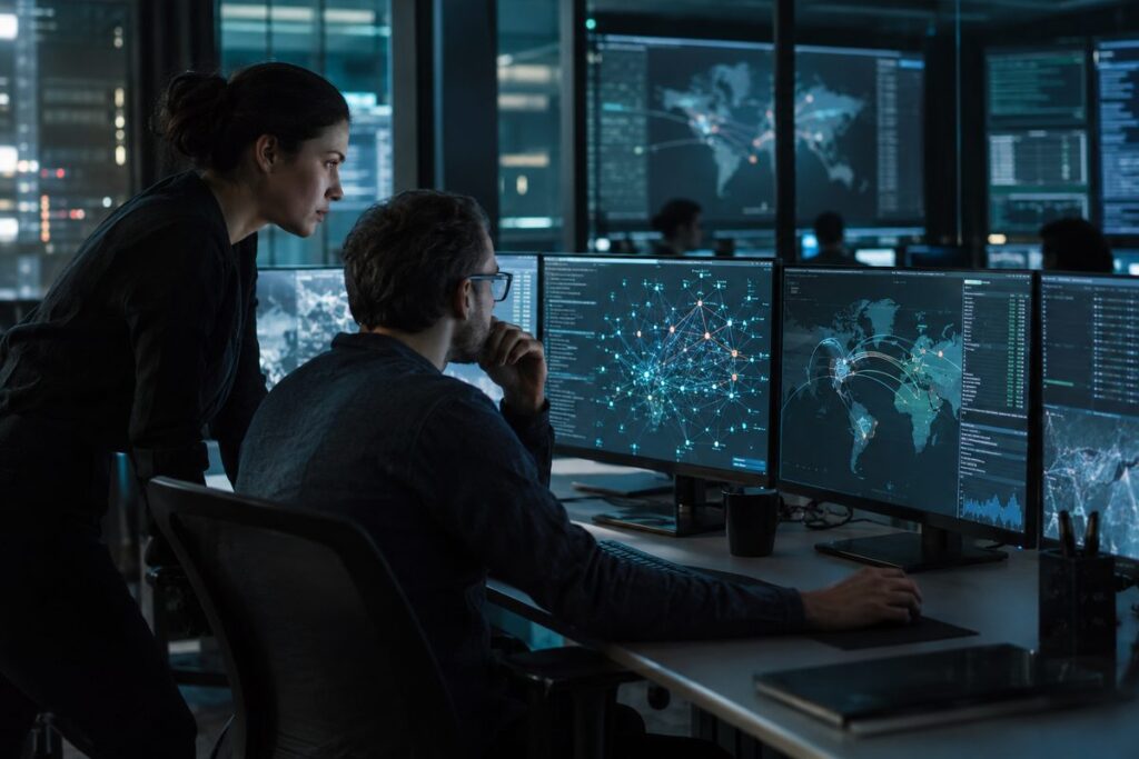 Cybersecurity analysts reviewing network activity